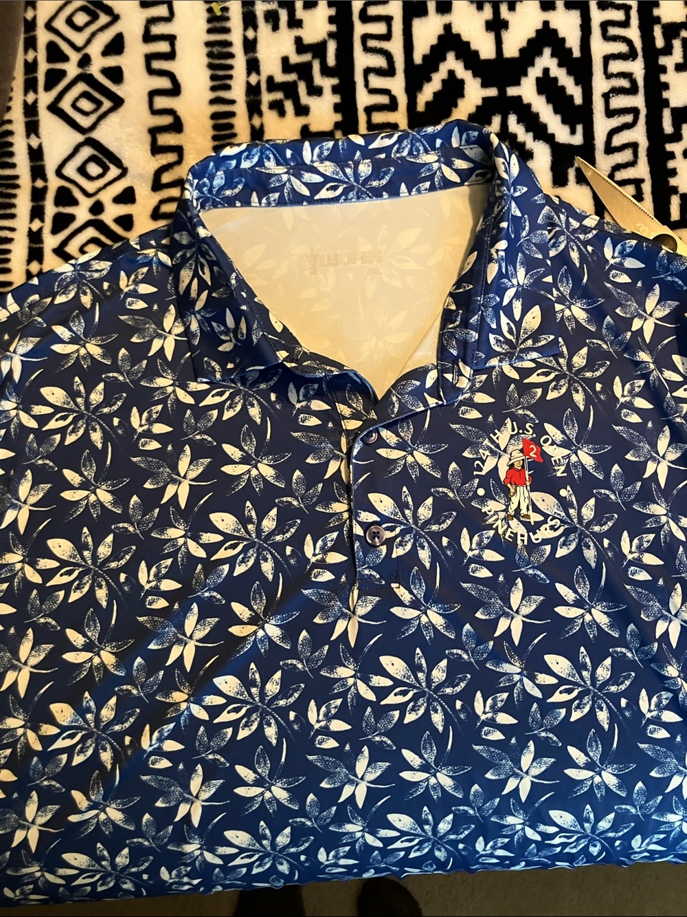 Men's Blue Floral Print Polo with Embroidered Crest